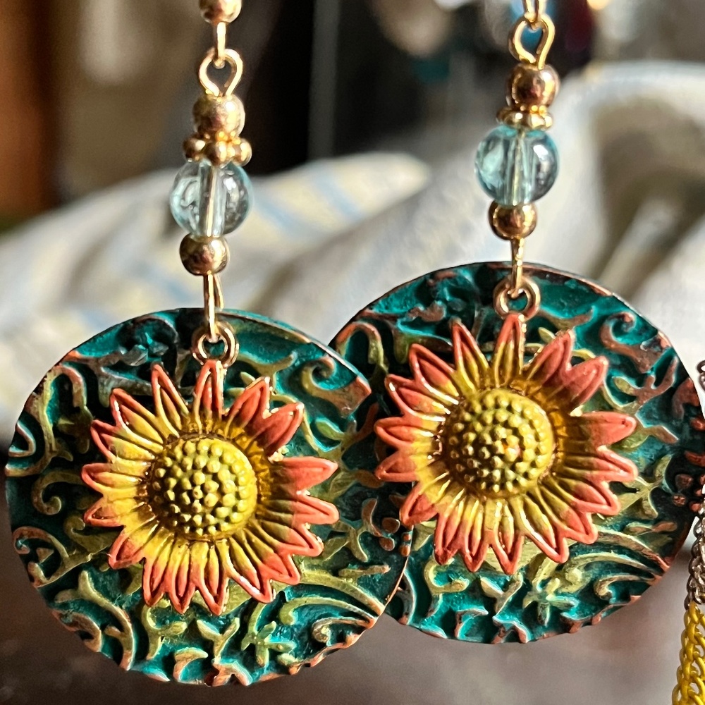 SOLD Boho Hand Painted Patina Sunflower Earrings - Bohemian Boho Earrings